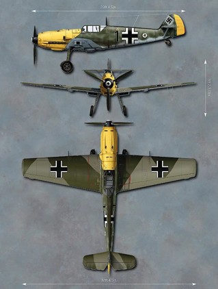 An illustration of the Bf 109E-4 aircraft as soon from side-on, front-on and above.