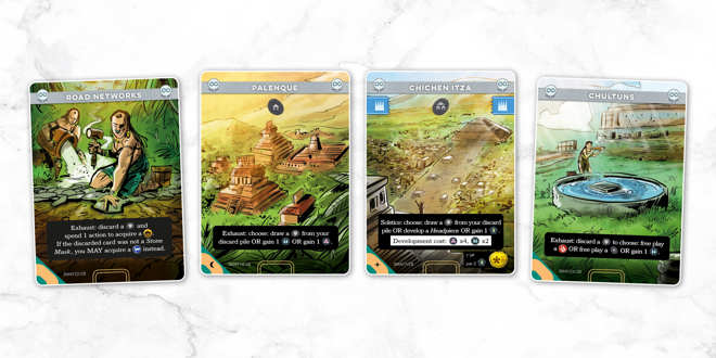 A sample spread of cards from the Mayans deck of Imperium: Horizons, titled left to right: Road Networks, Palenque, Chichen Itza and Chultuns