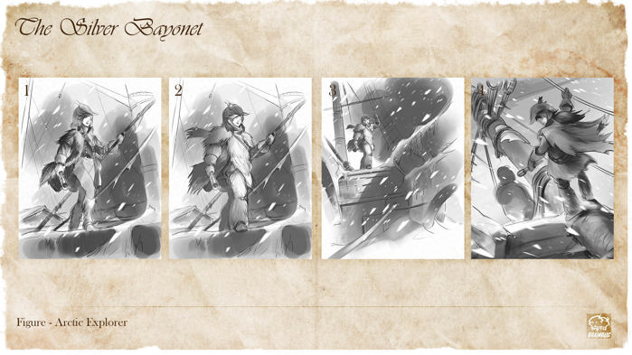 Four variant sketches of the final Artic Explorer artwork: she is shown from different angles and wearing different outfits