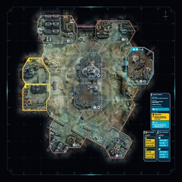 A finished map from Callisto with terrain features and buildings fully illustrated, the hex spaces replaced with irregularly shaped areas, and various setup and aesthetic details around the edges