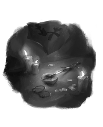 A black-and-white sketch-style illustration of a stiletto dagger laid out on a table surrounded by coins and candles