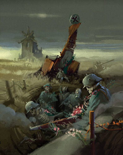 An illustration of a pile of WW1 soldier skeletons lying below a crashed biplane, surrounded by barbed wire overgrown with flowers