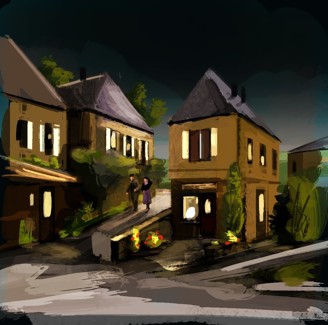 An illustration of a village by night