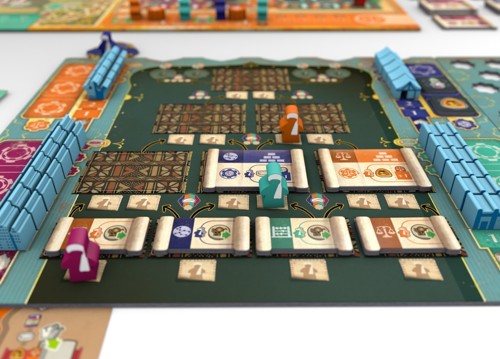 The final player board set up with cardboard close tokens and various wooden meeple
