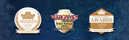 A footer banner for Frostgrave with various awards crests for the series against a frosty background: the UKGE 2020 Judges' Award for Best Miniatures Range, Wargames Illustrated Best Range 2020, the UKGE 2020 People's Choice Award for Best Miniatures Range