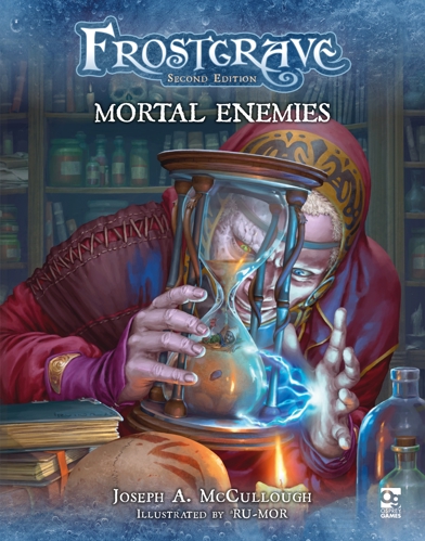 The cover of Frostgrave: Mortal Enemies, with art depicting an evil wizard who's magically trapped someone inside an hourglass