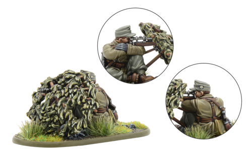 A photo of a fully painted miniature figure of a German WW2 sniper crouching behind camouflage, shown from multiple angles