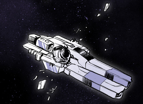 An illustration of a wrecked spaceship floating in space surrounded by debris