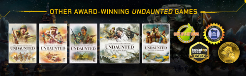 A banner with the covers for the board games in the award-winning Undaunted series against background art from the new sci-fi Undaunted 2200: Callisto and alongside award crests from Shut Up & Sit Down, The Dice Tower, Tabletop Gaming Magazine & the BoardGameGeek Golden Geeks