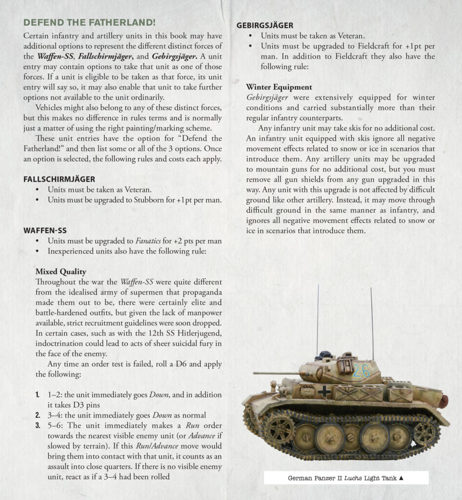 A sample page from Bolt Action: Armies of Germany: Third Edition showing a fully painted WW2 tank miniature alongside various rules text