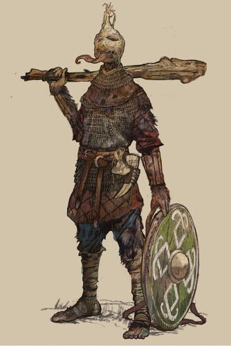 An illustration of a monstrous humanoid with a turnip for a head, wearing Dark Ages mail and carrying a wooden club and a roundshield