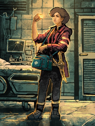 An illustration of a woman in a red jacket with a first aid bag and an ornate dagger covered in symbols, standing in an abandoned hospital ward holding up something glowing in her hand.