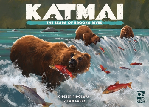 The cover of the board game Katmai, with art depicting brown bears catching salmon by a waterfall in a river