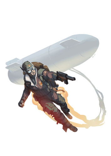 An illustration of a sky captain in military uniform flying using a retrofuturistic jetpack leaving trails of fire, with a zeppelin in the background