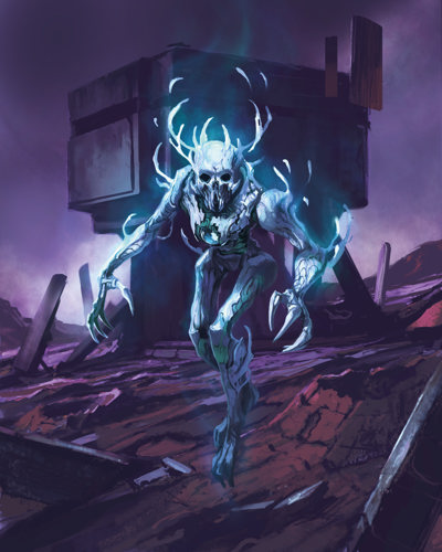 An illustration of a strange, ghost-like alien with antlers, claws, bony skin and a skull-like face
