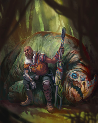An illustration of a hunter with a mechanical arm and a large high-tech rifle sat on the body of a massive dead alien beast