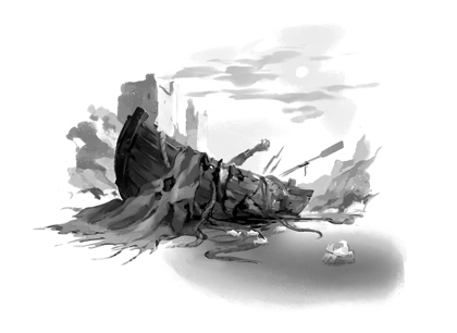 A black-and-white, stylised sketch-like illustration of an abandoned rowboat beached ashore with a skeletal arm reaching up out from inside